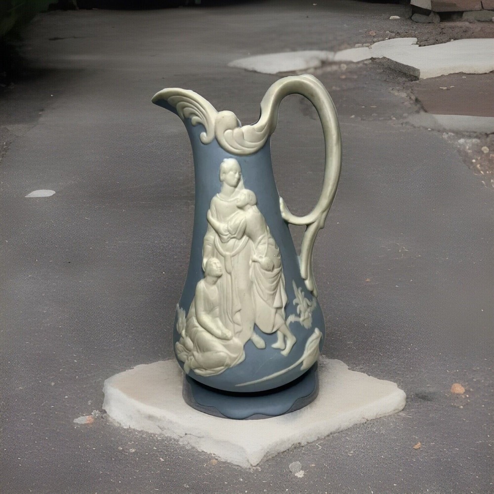 Parian Ware Naomi and Her Daugthers-in-Law Relief Jug Pitcher blue white 1950's